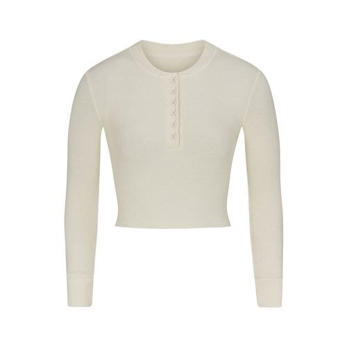 SKIMS Bavlněné Rib Long Sleeve Crop Henley Bone | 9752604-NV