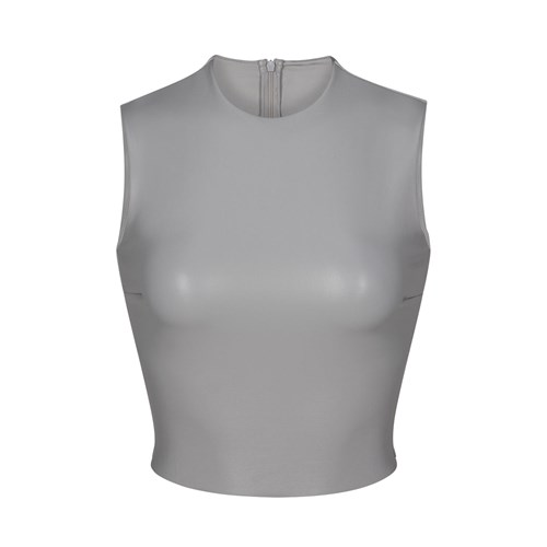 SKIMS Faux Læder Crew Neck Cropped Top Carbon | 2574186-FL