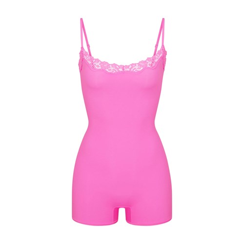 SKIMS Fits Everybody Krajkové Onesie Neon Orchid | 6178259-SF