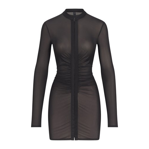 SKIMS Mesh Long Sleeve Ruched Šaty Onyx | 0469738-UY